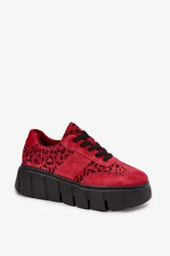 Zamszowe Ocieplane Sneakersy Damskie Na Masywnej Platformie Vinceza 66841 Panterka Czerwone