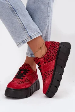 Zamszowe Ocieplane Sneakersy Damskie Na Masywnej Platformie Vinceza 66841 Panterka Czerwone
