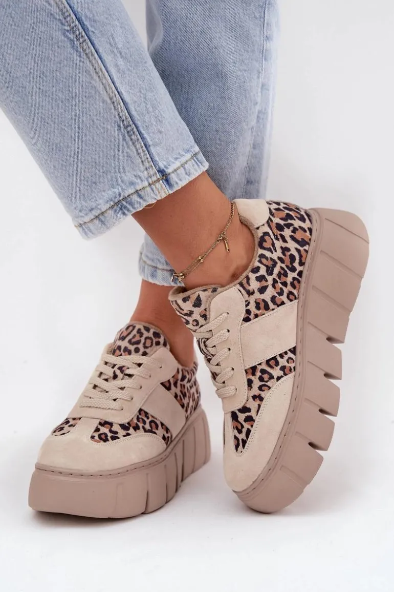 Zamszowe Ocieplane Sneakersy Damskie Na Masywnej Platformie Vinceza 66841 Panterka Beżowe