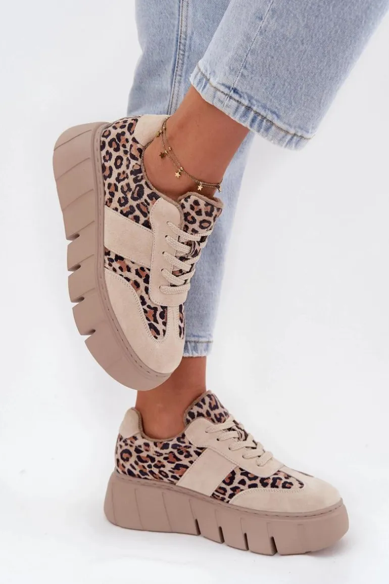 Zamszowe Ocieplane Sneakersy Damskie Na Masywnej Platformie Vinceza 66841 Panterka Beżowe
