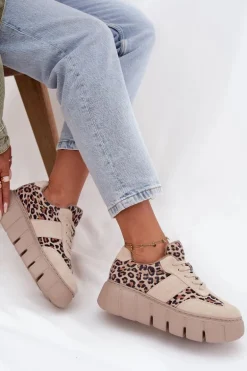 Zamszowe Ocieplane Sneakersy Damskie Na Masywnej Platformie Vinceza 66841 Panterka Beżowe