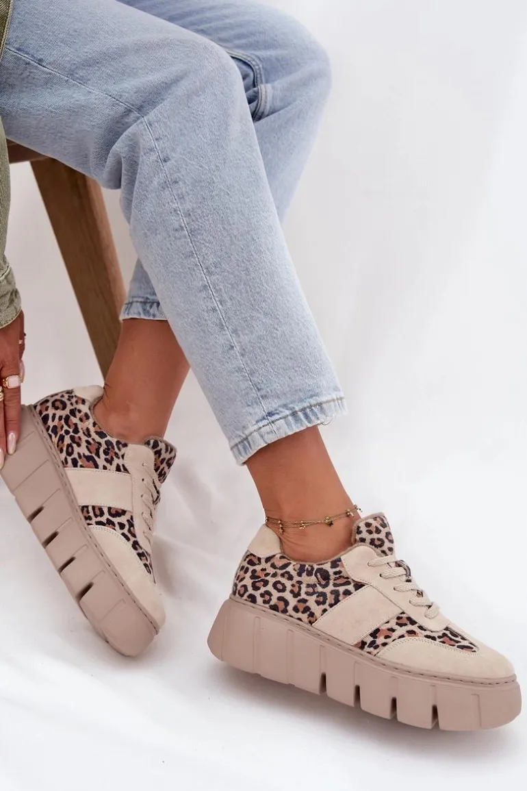 Zamszowe Ocieplane Sneakersy Damskie Na Masywnej Platformie Vinceza 66841 Panterka Beżowe