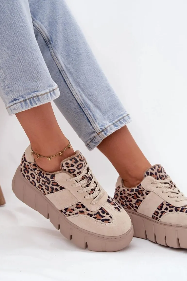 Zamszowe Ocieplane Sneakersy Damskie Na Masywnej Platformie Vinceza 66841 Panterka Beżowe