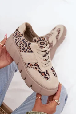Zamszowe Ocieplane Sneakersy Damskie Na Masywnej Platformie Vinceza 66841 Panterka Beżowe