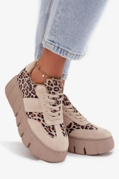 Zamszowe Ocieplane Sneakersy Damskie Na Masywnej Platformie Vinceza 66841 Panterka Beżowe