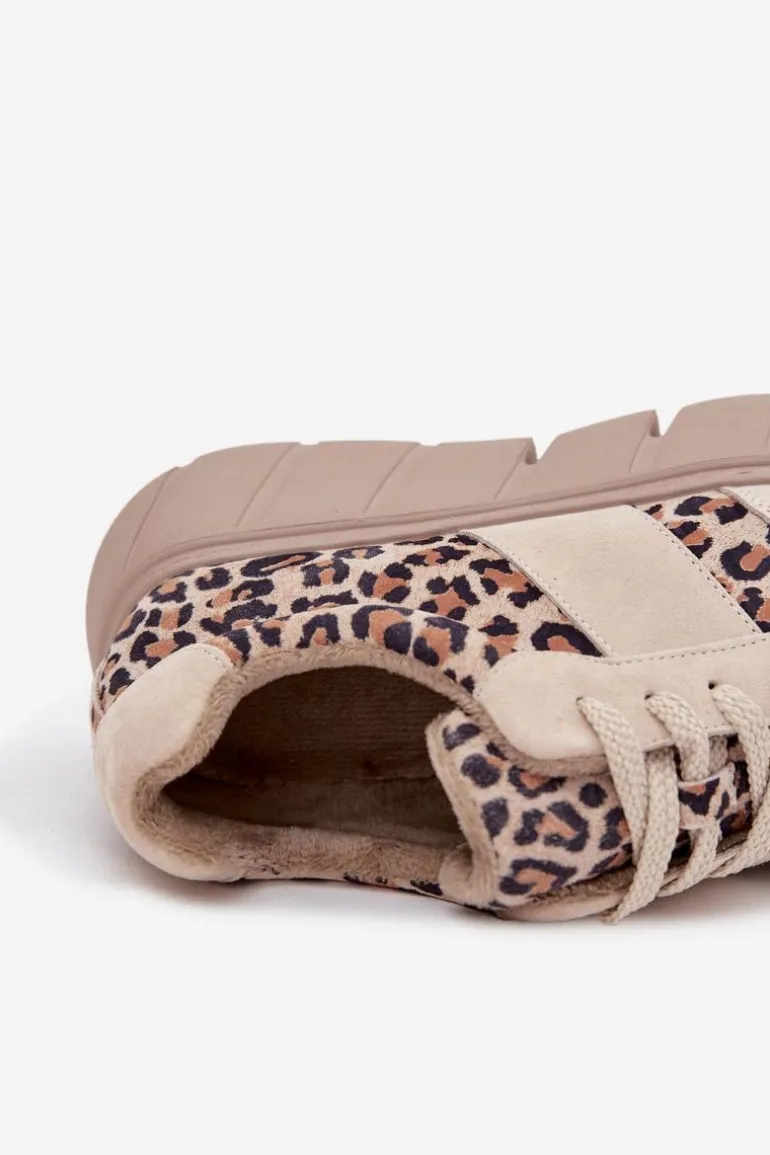 Zamszowe Ocieplane Sneakersy Damskie Na Masywnej Platformie Vinceza 66841 Panterka Beżowe