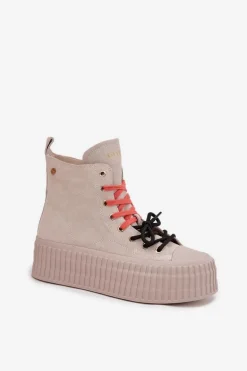 Zamszowe Ocieplane Trampki Damskie Na Masywnej Platformie GOE SS2N4047 Beżowe