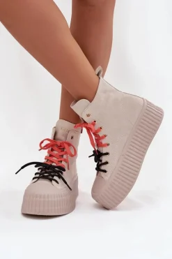 Zamszowe Ocieplane Trampki Damskie Na Masywnej Platformie GOE SS2N4047 Beżowe