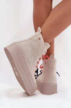 Zamszowe Ocieplane Trampki Damskie Na Masywnej Platformie GOE SS2N4047 Beżowe