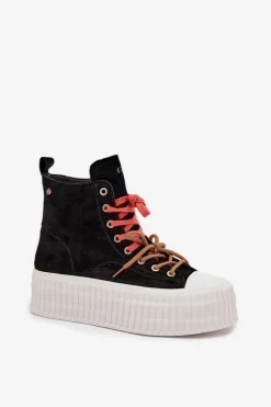 Zamszowe Ocieplane Trampki Damskie Na Masywnej Platformie GOE SS2N4046 Czarne