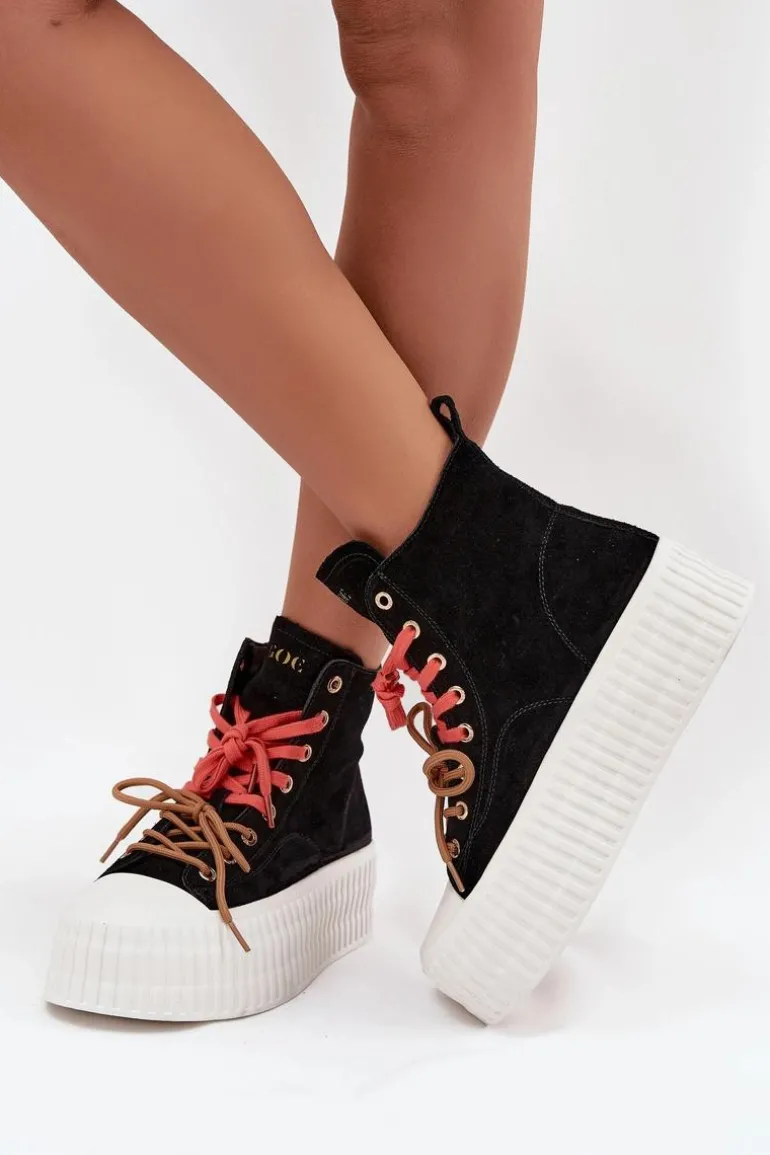 Zamszowe Ocieplane Trampki Damskie Na Masywnej Platformie GOE SS2N4046 Czarne