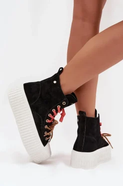 Zamszowe Ocieplane Trampki Damskie Na Masywnej Platformie GOE SS2N4046 Czarne