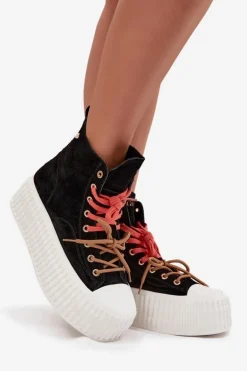 Zamszowe Ocieplane Trampki Damskie Na Masywnej Platformie GOE SS2N4046 Czarne