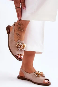 Zamszowe Płaskie Sandały Nicole 2805/042 Beżowe