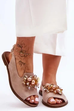 Zamszowe Płaskie Sandały Nicole 2805/042 Beżowe