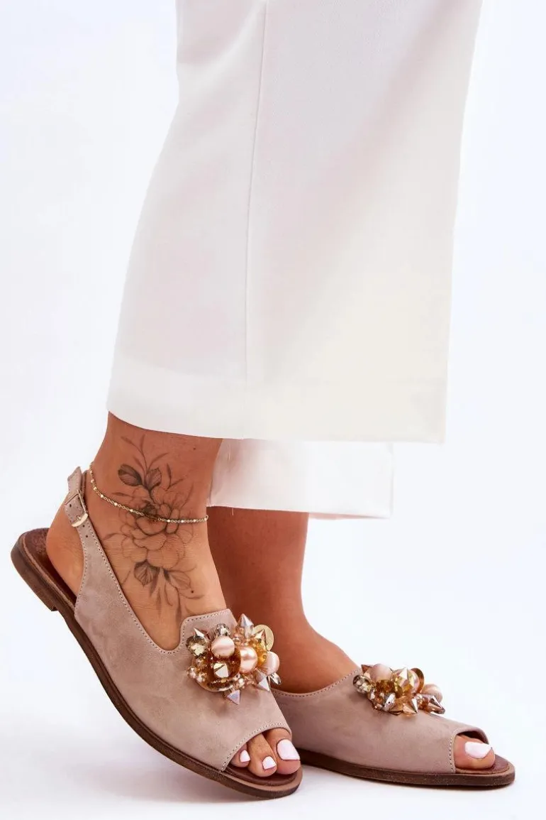 Zamszowe Płaskie Sandały Nicole 2805/042 Beżowe