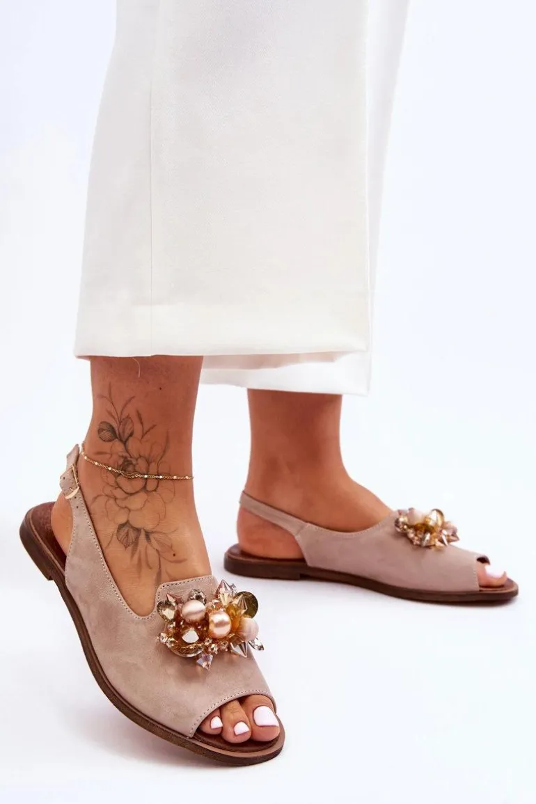 Zamszowe Płaskie Sandały Nicole 2805/042 Beżowe