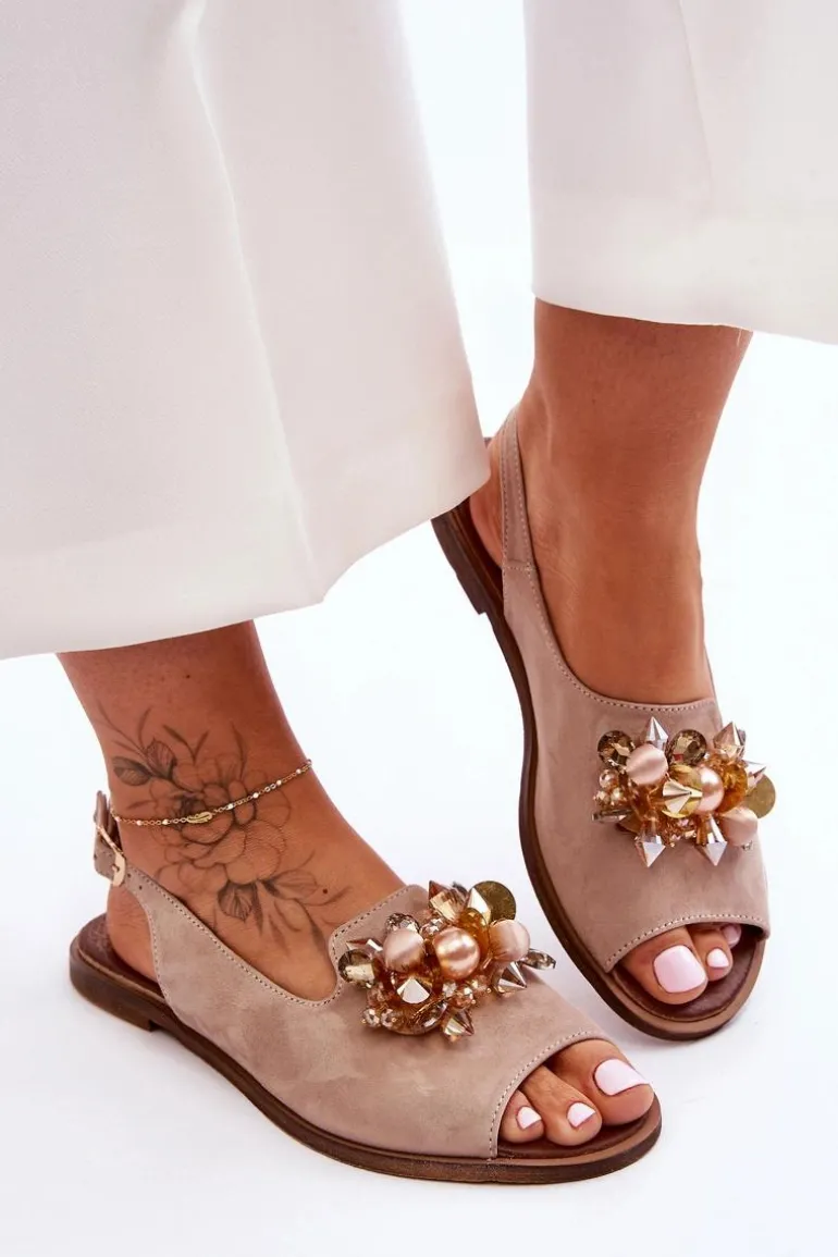 Zamszowe Płaskie Sandały Nicole 2805/042 Beżowe