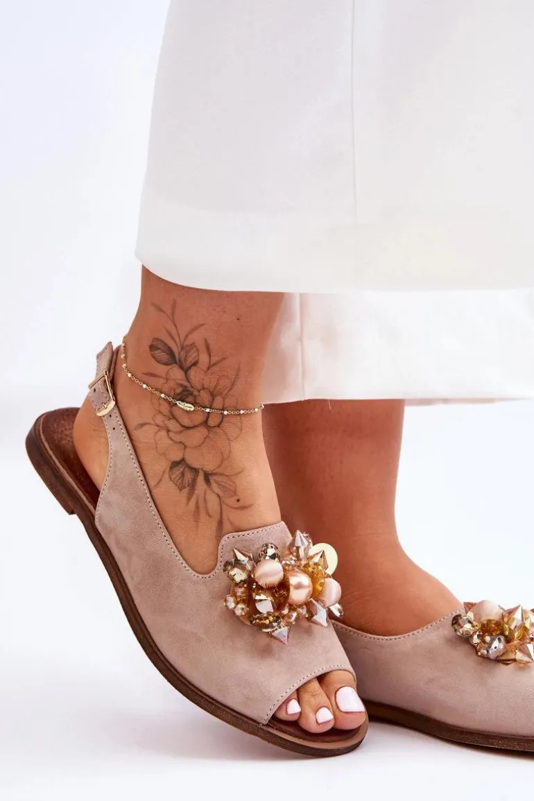 Zamszowe Płaskie Sandały Nicole 2805/042 Beżowe