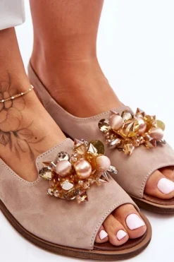 Zamszowe Płaskie Sandały Nicole 2805/042 Beżowe