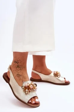 Zamszowe Płaskie Sandały Nicole 2805/064 Złote