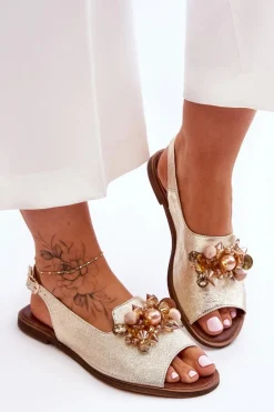 Zamszowe Płaskie Sandały Nicole 2805/064 Złote