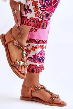 Zamszowe Płaskie Sandały Z Kamieniami Pomarańczowe Dallas