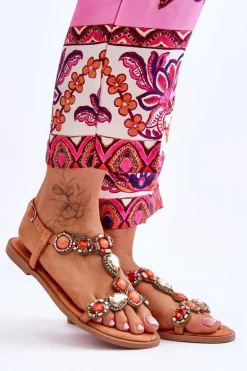 Zamszowe Płaskie Sandały Z Kamieniami Pomarańczowe Dallas