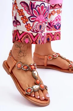 Zamszowe Płaskie Sandały Z Kamieniami Pomarańczowe Dallas