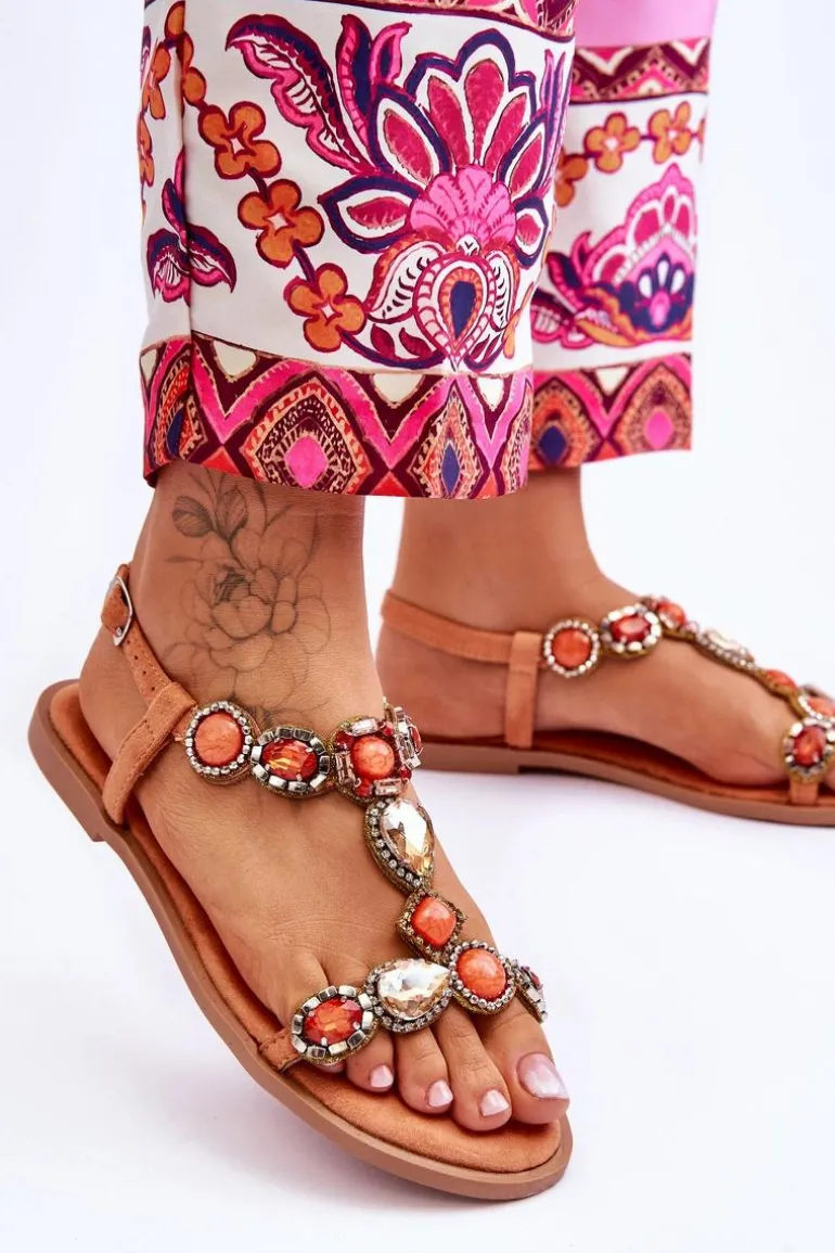 Zamszowe Płaskie Sandały Z Kamieniami Pomarańczowe Dallas