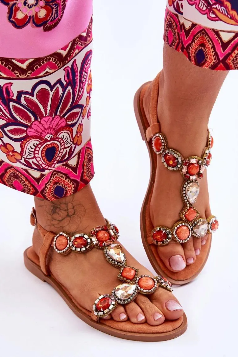 Zamszowe Płaskie Sandały Z Kamieniami Pomarańczowe Dallas