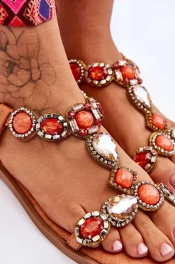 Zamszowe Płaskie Sandały Z Kamieniami Pomarańczowe Dallas