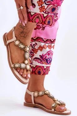 Zamszowe Płaskie Sandały Z Kamieniami Beżowe Dallas