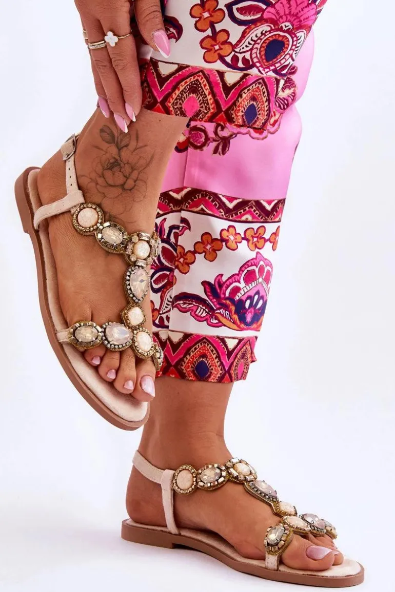 Zamszowe Płaskie Sandały Z Kamieniami Beżowe Dallas