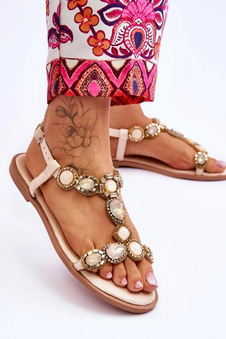 Zamszowe Płaskie Sandały Z Kamieniami Beżowe Dallas