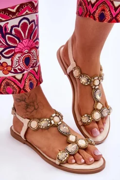 Zamszowe Płaskie Sandały Z Kamieniami Beżowe Dallas