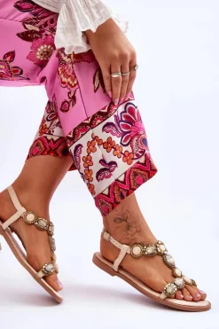 Zamszowe Płaskie Sandały Z Kamieniami Beżowe Dallas