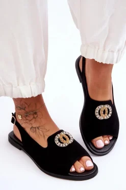 Zamszowe Płaskie Sandały Z Ozdobą Nicole 2744/002 Czarne