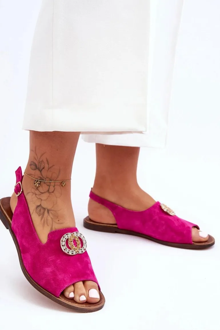 Zamszowe Płaskie Sandały Z Ozdobą Nicole 2744/067 Fuksja