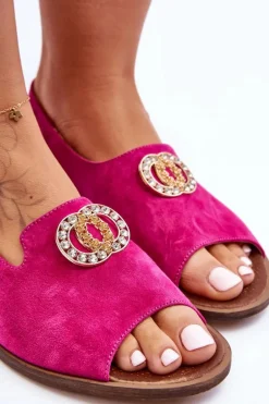Zamszowe Płaskie Sandały Z Ozdobą Nicole 2744/067 Fuksja