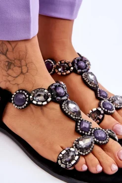 Zamszowe Płaskie Sandały Z Kamieniami Czarne Dallas