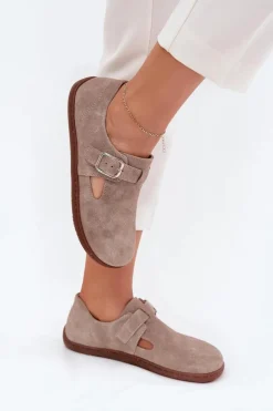 Zamszowe Półbuty Barefoot Damskie Z Klamrą Zazoo N1261 Beżowe