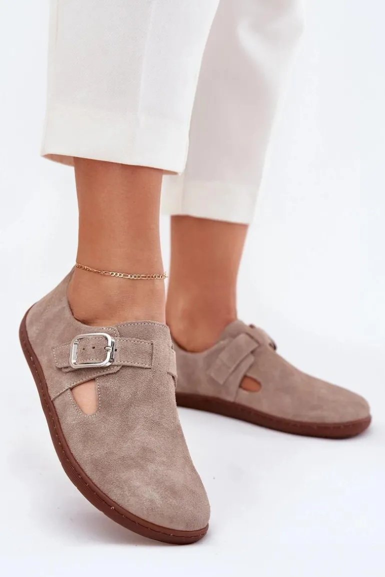 Zamszowe Półbuty Barefoot Damskie Z Klamrą Zazoo N1261 Beżowe