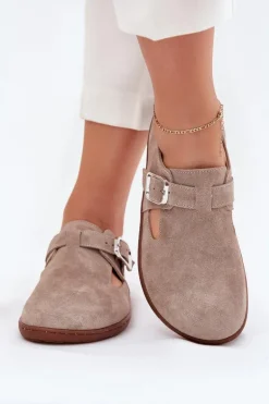 Zamszowe Półbuty Barefoot Damskie Z Klamrą Zazoo N1261 Beżowe