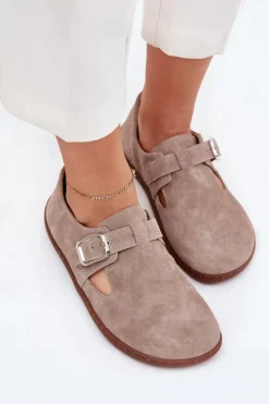 Zamszowe Półbuty Barefoot Damskie Z Klamrą Zazoo N1261 Beżowe