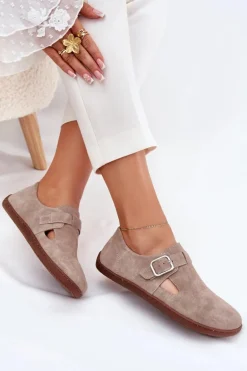 Zamszowe Półbuty Barefoot Damskie Z Klamrą Zazoo N1261 Beżowe
