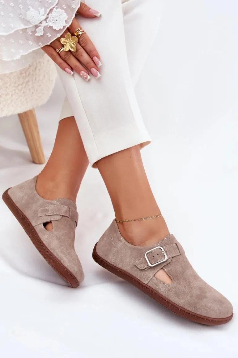 Zamszowe Półbuty Barefoot Damskie Z Klamrą Zazoo N1261 Beżowe