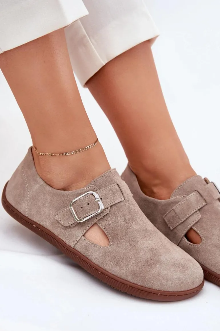 Zamszowe Półbuty Barefoot Damskie Z Klamrą Zazoo N1261 Beżowe