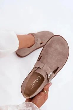 Zamszowe Półbuty Barefoot Damskie Z Klamrą Zazoo N1261 Beżowe