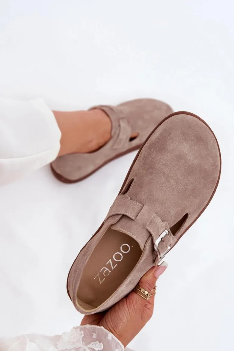 Zamszowe Półbuty Barefoot Damskie Z Klamrą Zazoo N1261 Beżowe